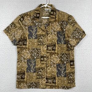 Anna Button Up Shirt Womens Large Brown Floral Patchwork Short Sleeve Vintage